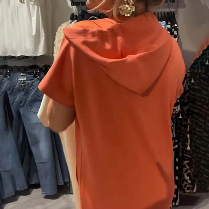 🌸50% Rabatt！🎉 Damen Kapuzenkleid mit kurzen Ärmeln – lockere, lange, einfarbige Passform – perfekt für Zuhause & unterwegs