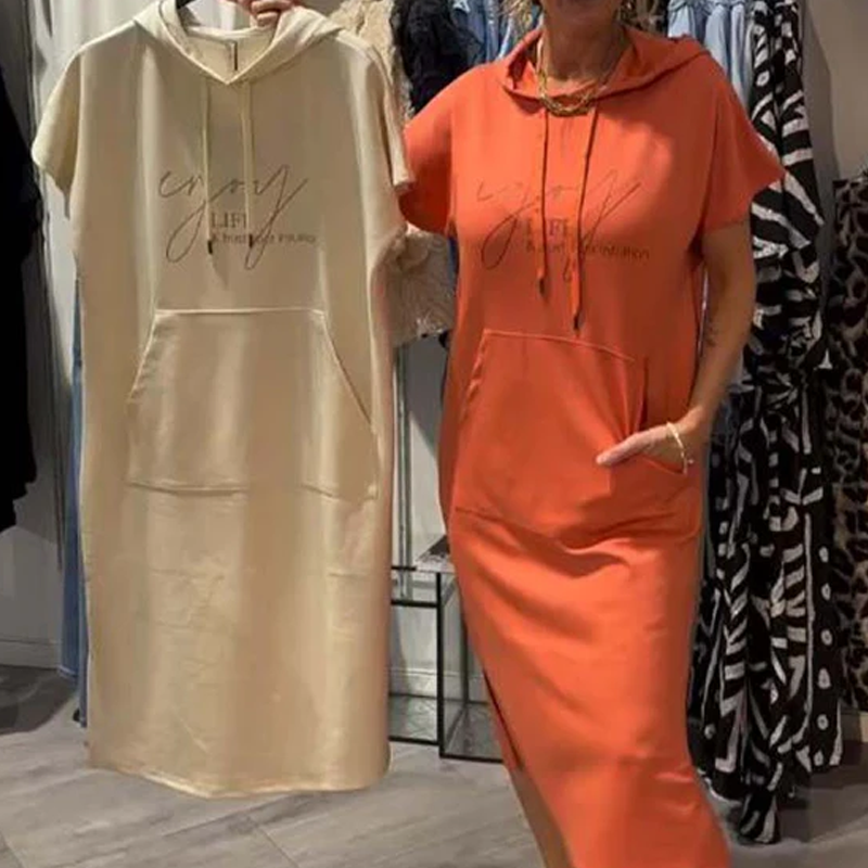 🌸50% Rabatt！🎉 Damen Kapuzenkleid mit kurzen Ärmeln – lockere, lange, einfarbige Passform – perfekt für Zuhause & unterwegs