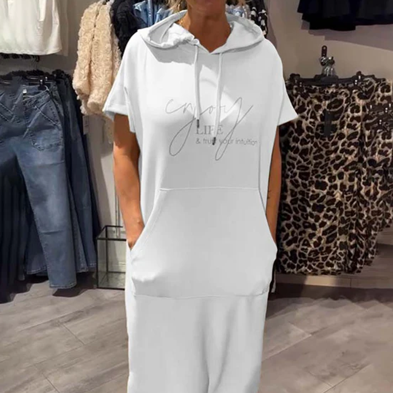 🌸50% Rabatt！🎉 Damen Kapuzenkleid mit kurzen Ärmeln – lockere, lange, einfarbige Passform – perfekt für Zuhause & unterwegs