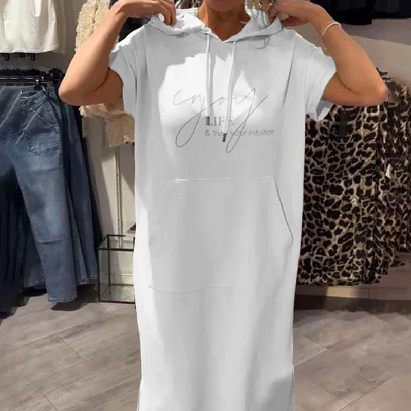 🌸50% Rabatt！🎉 Damen Kapuzenkleid mit kurzen Ärmeln – lockere, lange, einfarbige Passform – perfekt für Zuhause & unterwegs