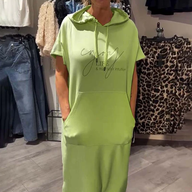 🌸50% Rabatt！🎉 Damen Kapuzenkleid mit kurzen Ärmeln – lockere, lange, einfarbige Passform – perfekt für Zuhause & unterwegs