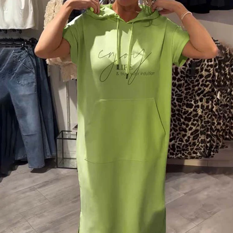 🌸50% Rabatt！🎉 Damen Kapuzenkleid mit kurzen Ärmeln – lockere, lange, einfarbige Passform – perfekt für Zuhause & unterwegs