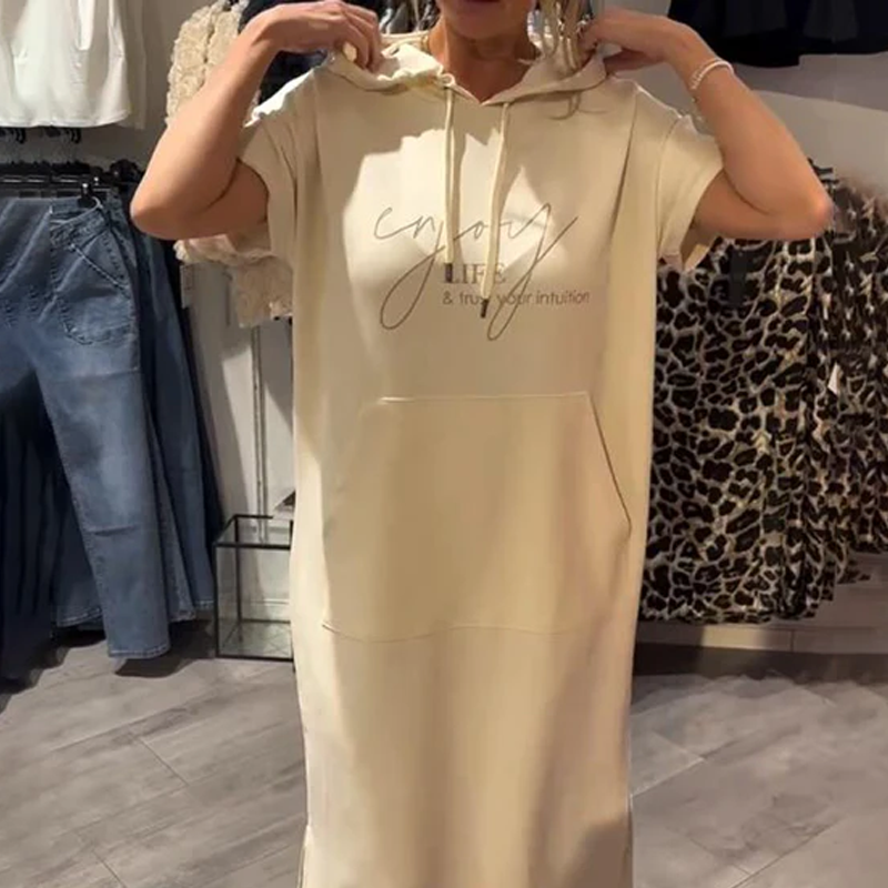 🌸50% Rabatt！🎉 Damen Kapuzenkleid mit kurzen Ärmeln – lockere, lange, einfarbige Passform – perfekt für Zuhause & unterwegs