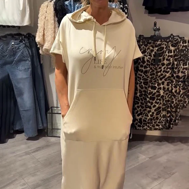 🌸50% Rabatt！🎉 Damen Kapuzenkleid mit kurzen Ärmeln – lockere, lange, einfarbige Passform – perfekt für Zuhause & unterwegs
