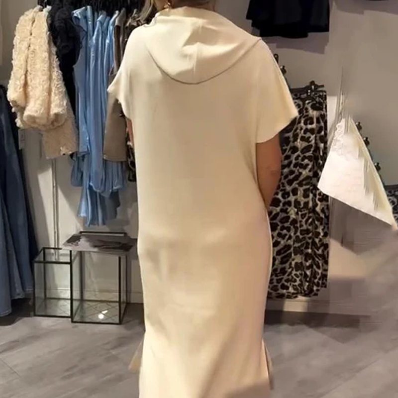 🌸50% Rabatt！🎉 Damen Kapuzenkleid mit kurzen Ärmeln – lockere, lange, einfarbige Passform – perfekt für Zuhause & unterwegs