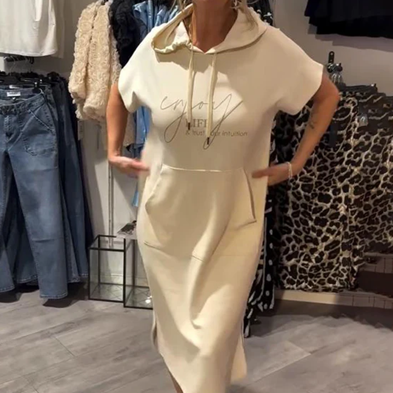 🌸50% Rabatt！🎉 Damen Kapuzenkleid mit kurzen Ärmeln – lockere, lange, einfarbige Passform – perfekt für Zuhause & unterwegs