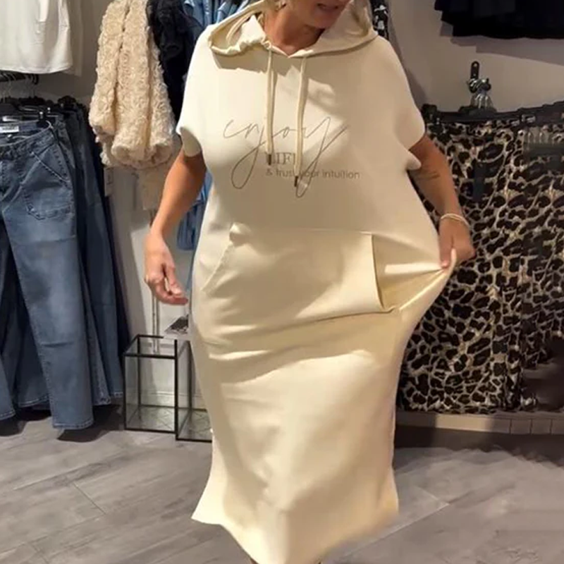 🌸50% Rabatt！🎉 Damen Kapuzenkleid mit kurzen Ärmeln – lockere, lange, einfarbige Passform – perfekt für Zuhause & unterwegs