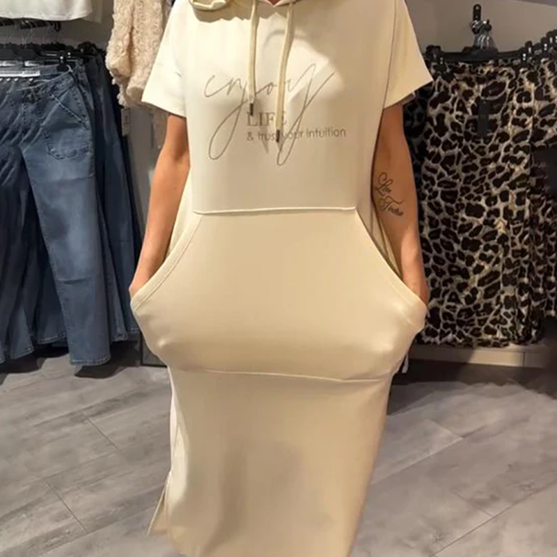 🌸50% Rabatt！🎉 Damen Kapuzenkleid mit kurzen Ärmeln – lockere, lange, einfarbige Passform – perfekt für Zuhause & unterwegs