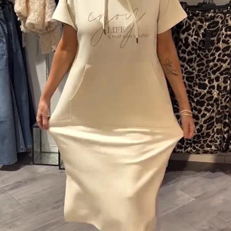 🌸50% Rabatt！🎉 Damen Kapuzenkleid mit kurzen Ärmeln – lockere, lange, einfarbige Passform – perfekt für Zuhause & unterwegs