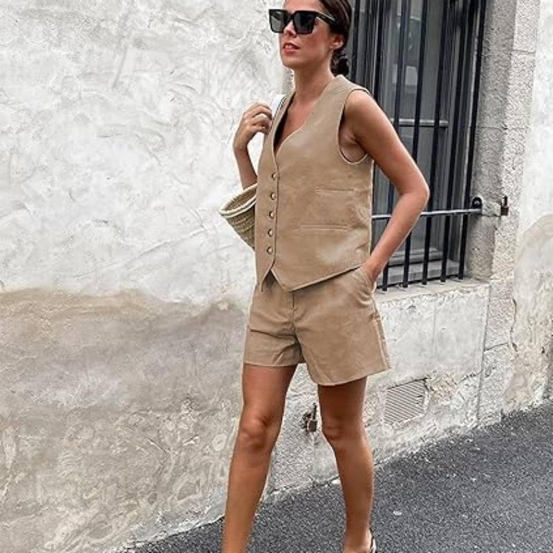 👕🩳 Lässiges, ärmelloses Damen-Zweiteiler-Set aus Oberteil und Shorts mit V-Ausschnitt – 50% RABATT! Sommerlich, bequem & perfekt für Strand, Stadt oder Freizeit 🏖️