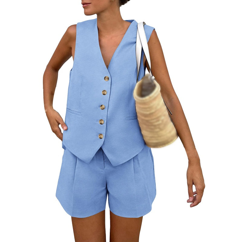 👕🩳 Lässiges, ärmelloses Damen-Zweiteiler-Set aus Oberteil und Shorts mit V-Ausschnitt – 50% RABATT! Sommerlich, bequem & perfekt für Strand, Stadt oder Freizeit 🏖️