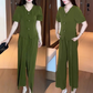 👚🌿 BEFRISTETES ANGEBOT: 50% RABATT! Zweiteiliges Damen-Set aus kurzarm-Top mit V-Ausschnitt und weiter Hose – Leicht, luftig & perfekt für Sommer, Strand & Urlaub ✨