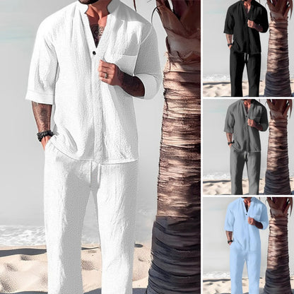 🌿 Stylisches zweiteiliges Set für Männer aus Baumwolle und Leinen: Oberteil und Hose