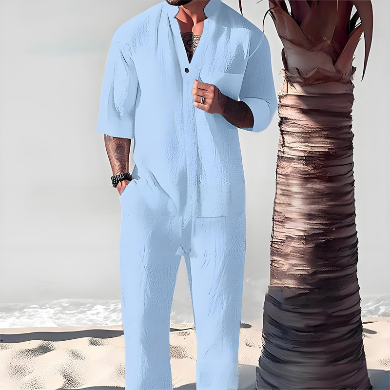 🌿 Stylisches zweiteiliges Set für Männer aus Baumwolle und Leinen: Oberteil und Hose