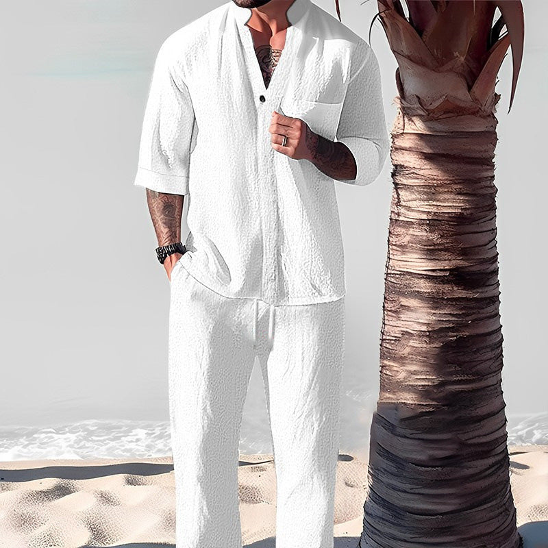 🌿 Stylisches zweiteiliges Set für Männer aus Baumwolle und Leinen: Oberteil und Hose