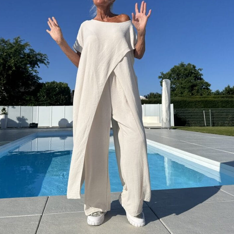 🌸Sommer-Sonderverkauf – 50 % Rabatt💖Einfarbiges Set aus schulterfreiem Oberteil und Hose