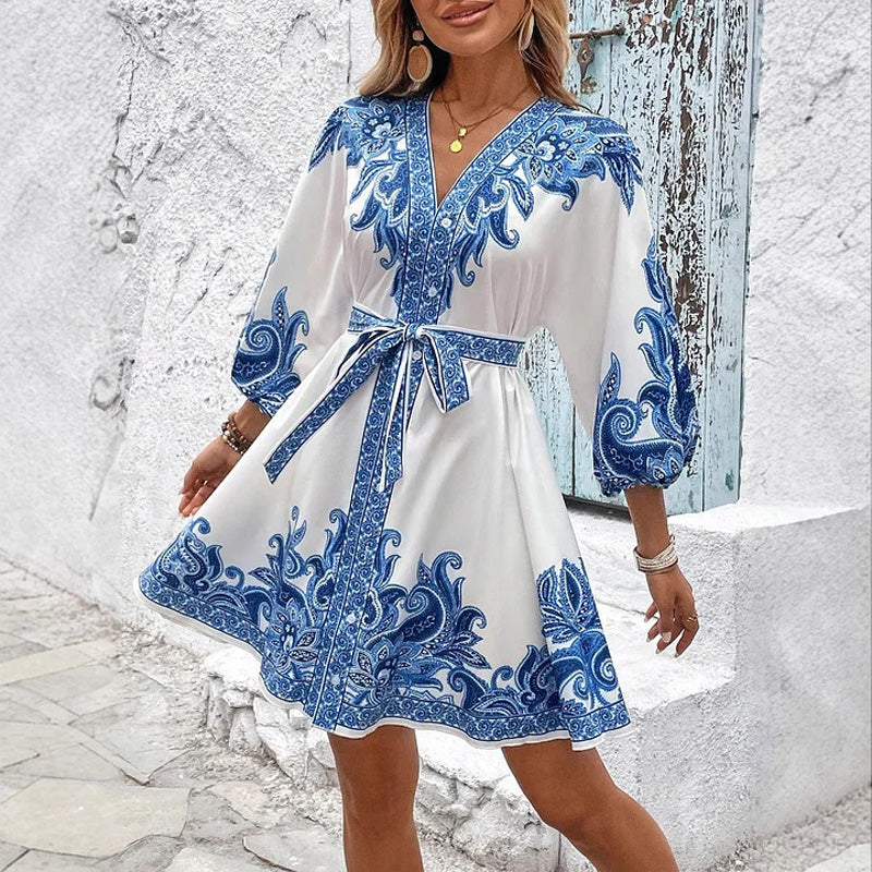 ⏳Zeitlich begrenztes Angebot 50% Rabatt⏰Bedrucktes Kleid mit V-Ausschnitt und Bindeband für Damen👗