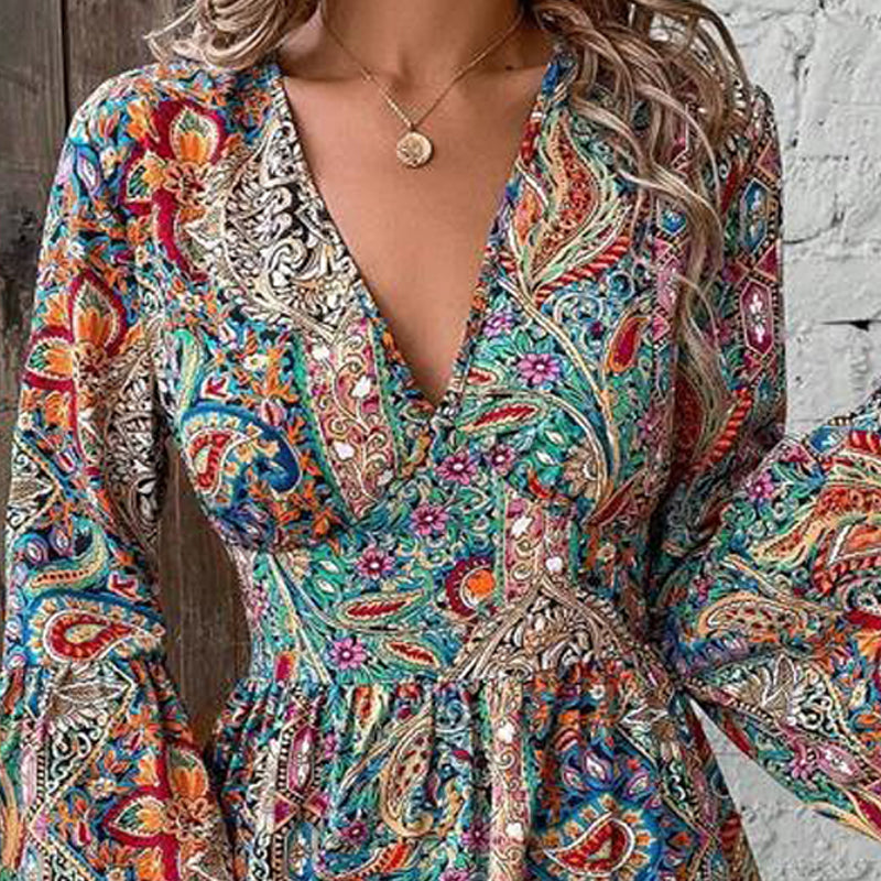 👗 50% RABATT! 🌸 Damen elegantes Kleid mit Paisley-Muster, V-Ausschnitt & ausgestellten Ärmeln – Fließend, verspielt & perfekt für Sommer, Urlaub oder besondere Anlässe ✨
