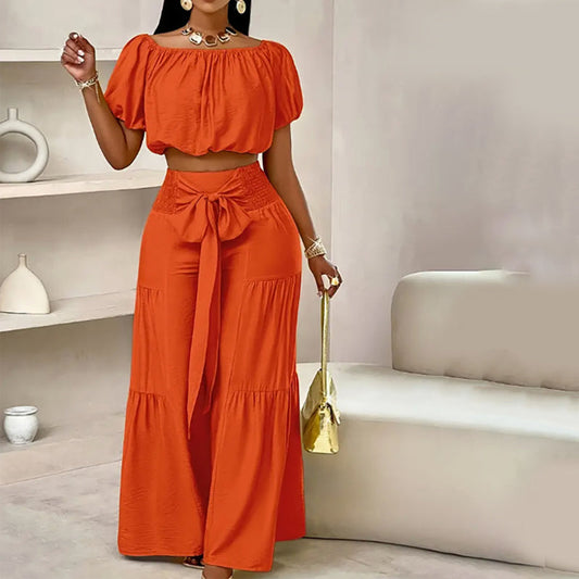 👚👑 Damen zweiteiliges Set: Schulterfreies Oberteil mit Puffärmeln und Weitbeinhose – 50% RABATT! Verspielt, luftig & perfekt für Sommer, Date oder Gartenparty ✨