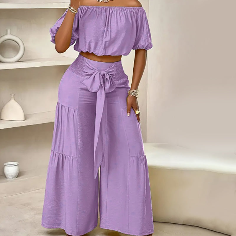 👚👑 Damen zweiteiliges Set: Schulterfreies Oberteil mit Puffärmeln und Weitbeinhose – 50% RABATT! Verspielt, luftig & perfekt für Sommer, Date oder Gartenparty ✨
