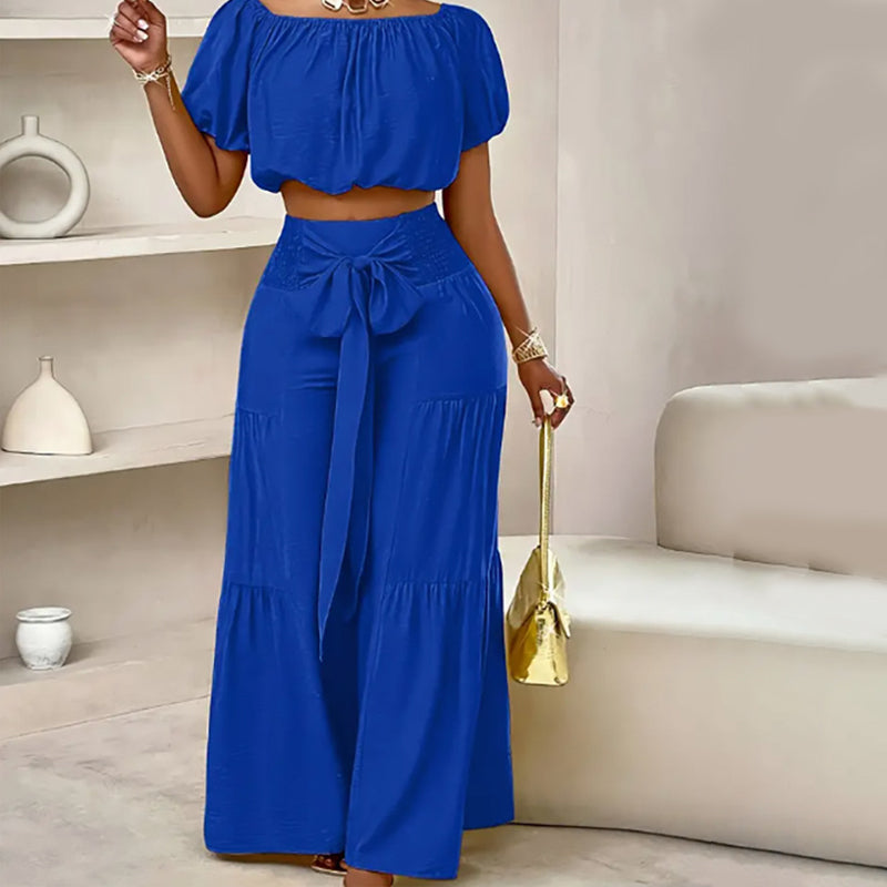 👚👑 Damen zweiteiliges Set: Schulterfreies Oberteil mit Puffärmeln und Weitbeinhose – 50% RABATT! Verspielt, luftig & perfekt für Sommer, Date oder Gartenparty ✨