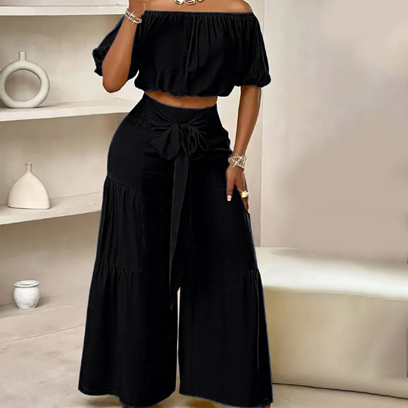👚👑 Damen zweiteiliges Set: Schulterfreies Oberteil mit Puffärmeln und Weitbeinhose – 50% RABATT! Verspielt, luftig & perfekt für Sommer, Date oder Gartenparty ✨