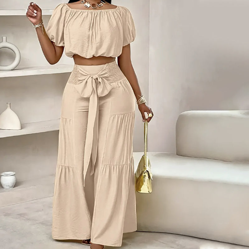 👚👑 Damen zweiteiliges Set: Schulterfreies Oberteil mit Puffärmeln und Weitbeinhose – 50% RABATT! Verspielt, luftig & perfekt für Sommer, Date oder Gartenparty ✨
