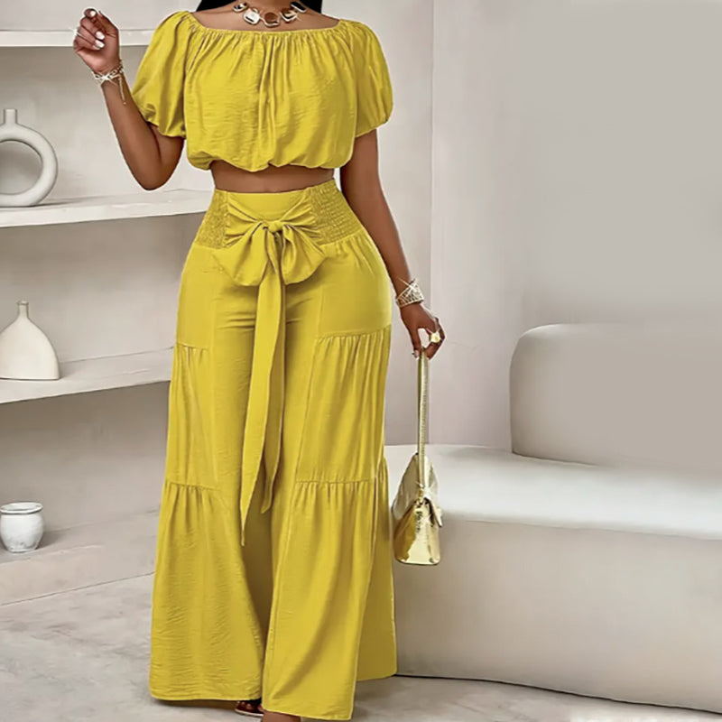 👚👑 Damen zweiteiliges Set: Schulterfreies Oberteil mit Puffärmeln und Weitbeinhose – 50% RABATT! Verspielt, luftig & perfekt für Sommer, Date oder Gartenparty ✨