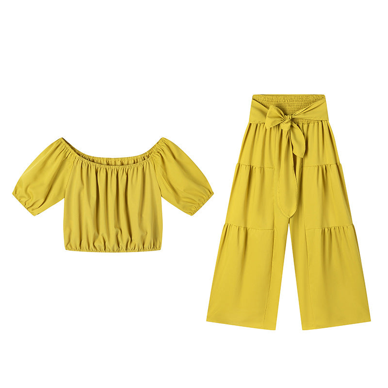 👚👑 Damen zweiteiliges Set: Schulterfreies Oberteil mit Puffärmeln und Weitbeinhose – 50% RABATT! Verspielt, luftig & perfekt für Sommer, Date oder Gartenparty ✨