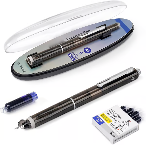 🏆64% zeitlich begrenzter Rabatt🖊️Füllfederhalter，Stift, einziehbar: 0,38 mm, blaue und schwarze Tinte, transparenter Schaft, inkl. 5 nachfüllbaren Tintenpatronen