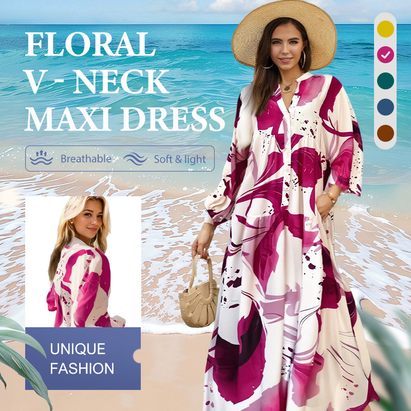 👗🌸 فستان نسائي طويل بزهور وياقة على شكل حرف V - قماش انسيابي، تصميم رومانسي ومثالي للصيف ☀️