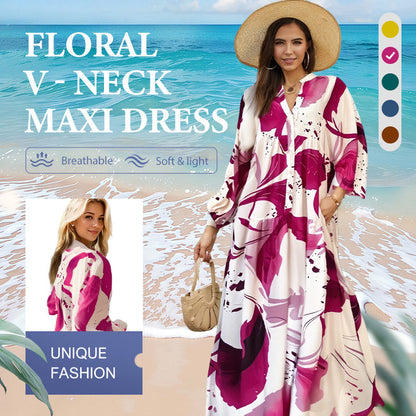 👗🌸 فستان نسائي طويل بزهور وياقة على شكل حرف V - قماش انسيابي، تصميم رومانسي ومثالي للصيف ☀️