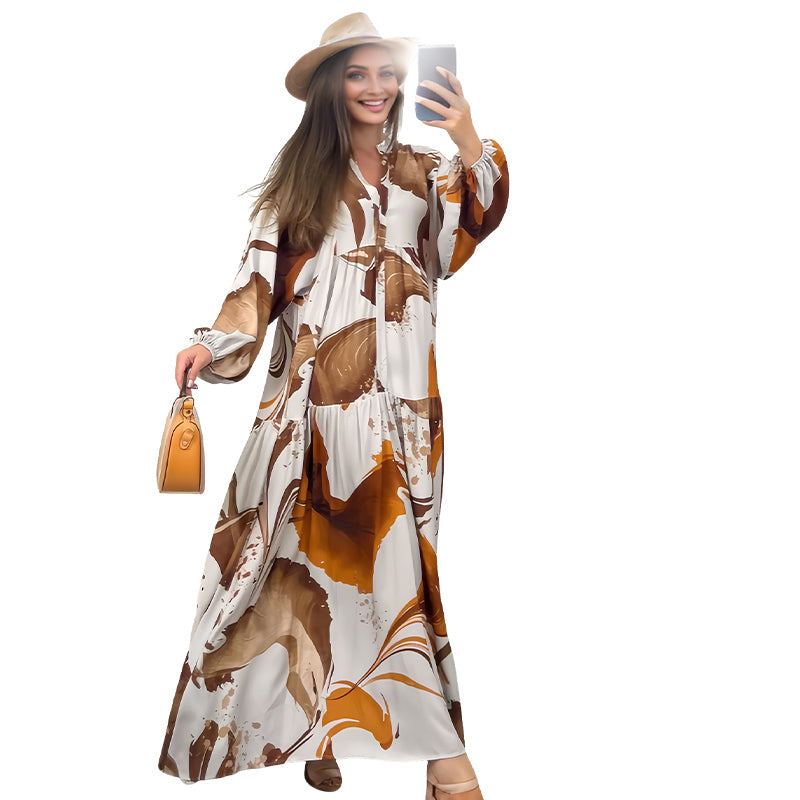 👗🌸 فستان نسائي طويل بزهور وياقة على شكل حرف V - قماش انسيابي، تصميم رومانسي ومثالي للصيف ☀️