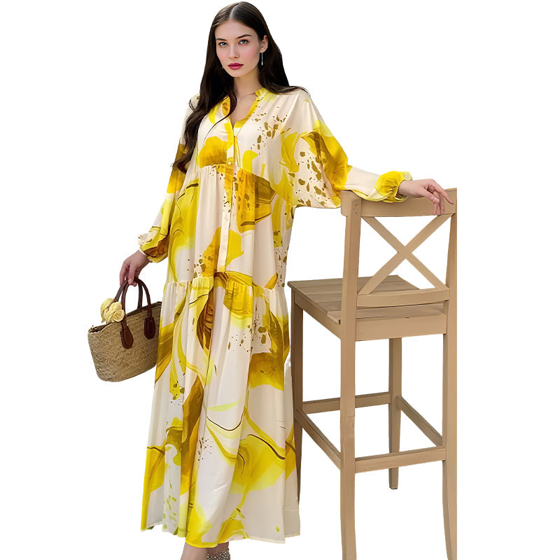 👗🌸 فستان نسائي طويل بزهور وياقة على شكل حرف V - قماش انسيابي، تصميم رومانسي ومثالي للصيف ☀️