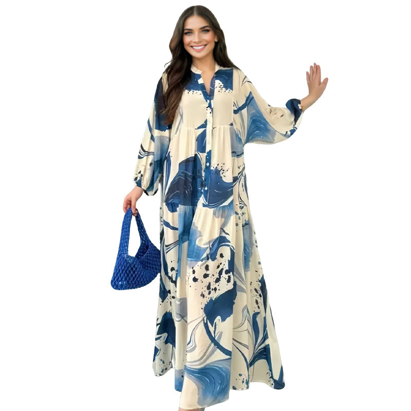 👗🌸 فستان نسائي طويل بزهور وياقة على شكل حرف V - قماش انسيابي، تصميم رومانسي ومثالي للصيف ☀️
