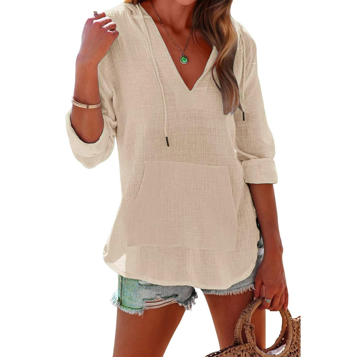 ⏰Zeitlich begrenzter Verkauf 50% RABATT🏖️Übergroßes Strandkleid mit Kapuze für Damen – Langärmliges Hemd mit V-Ausschnitt und Tasche