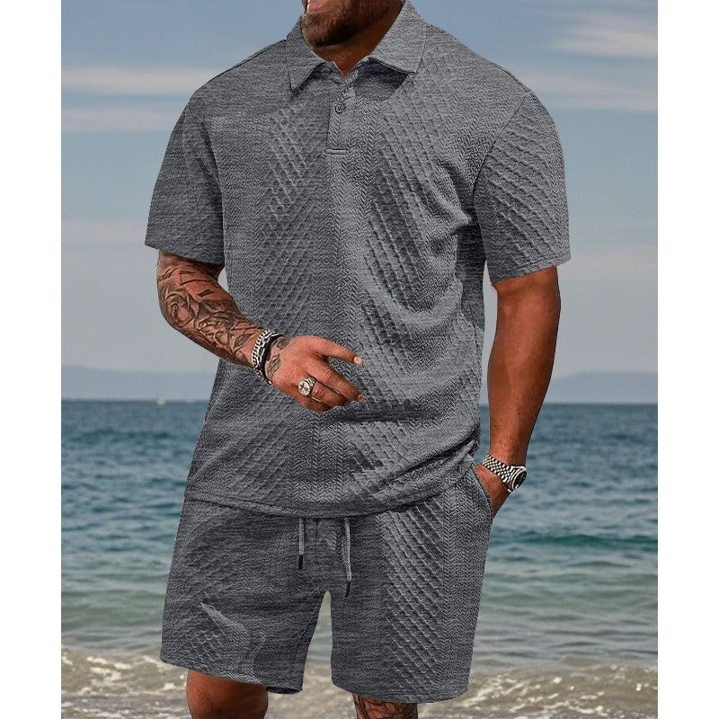 👔🌞 50% RABATT! Herren Zweiteiler mit Rautenstruktur: Kurzarmhemd & Shorts mit Kordelzug – Atmungsaktiv, knitterfrei & perfekt für heiße Tage 💎