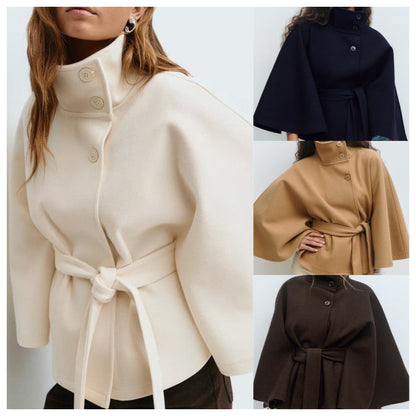 🧥 50% RABATT! Damen Cape-Mantel mit Stehkragen & Gürtel – Elegant, Figurbetont & Vielseitig Kombinierbar 🍂