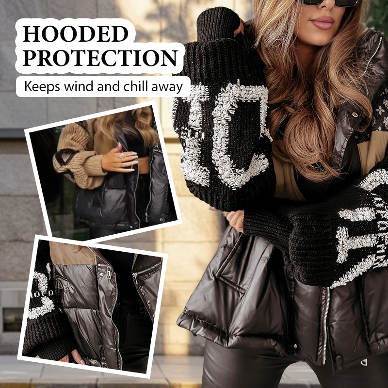 🎉Heißer Verkauf 50% ⚡💖Damen Steppjacke mit Kapuze, Strickärmeln und Patchwork-Design