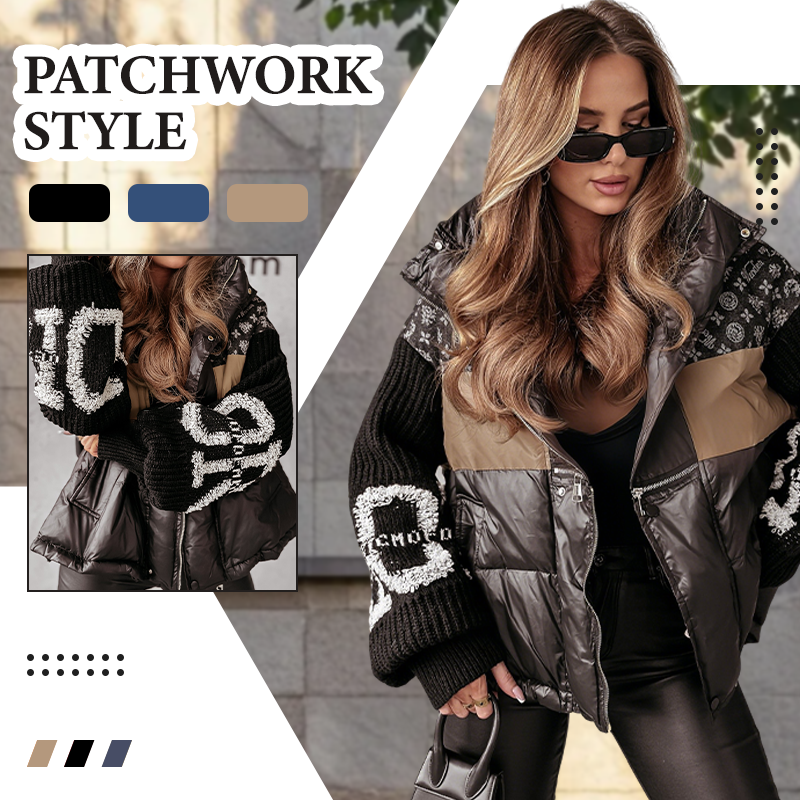 🎉Heißer Verkauf 50% ⚡💖Damen Steppjacke mit Kapuze, Strickärmeln und Patchwork-Design