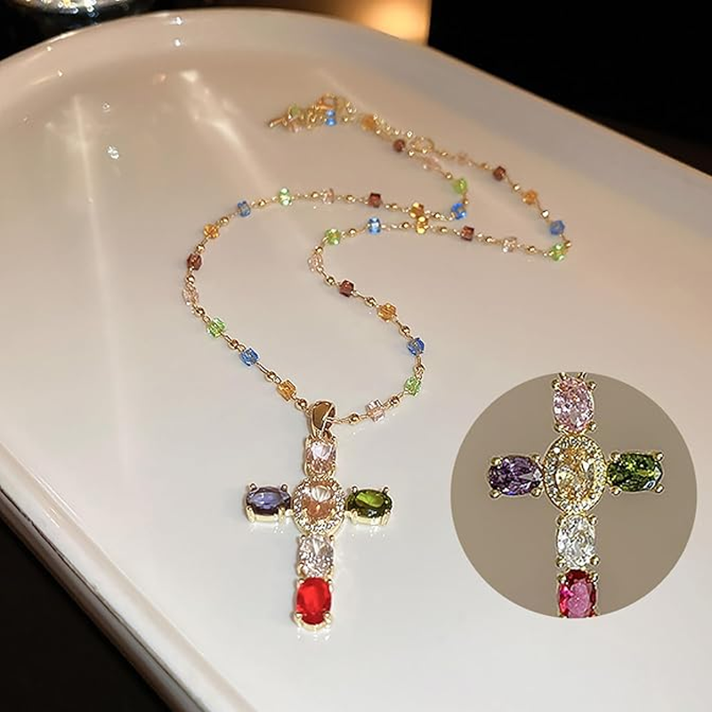 🎉Heißer Verkauf 50% ⚡💖Farbenfrohe Strass-Kreuz-Anhänger Halsketten