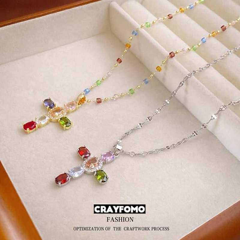 🎉Heißer Verkauf 50% ⚡💖Farbenfrohe Strass-Kreuz-Anhänger Halsketten