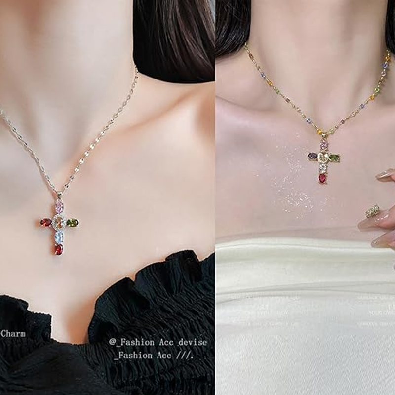 🎉Heißer Verkauf 50% ⚡💖Farbenfrohe Strass-Kreuz-Anhänger Halsketten