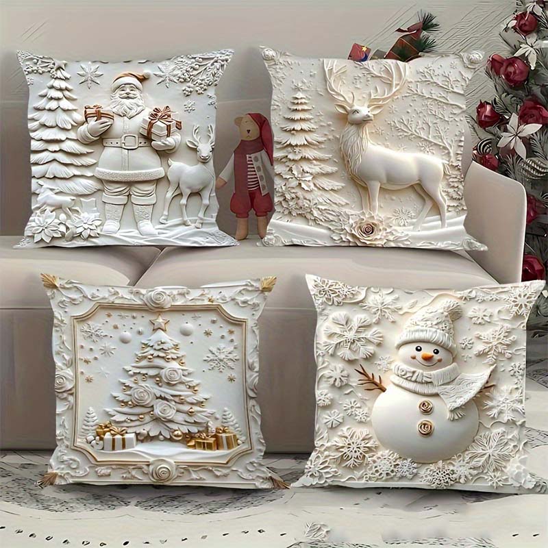 🔥Heißer Verkäufer 50% Rabatt💥🎄 Neue 4-teilige Weihnachts-Kissenbezüge Set – Santa, Schneemann, Tannenbaum & Rentier Motive für Ihre Wohnzimmer-Dekoration