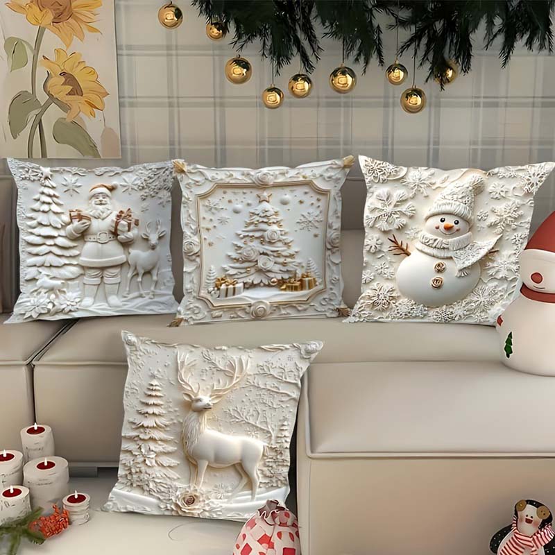 🔥Heißer Verkäufer 50% Rabatt💥🎄 Neue 4-teilige Weihnachts-Kissenbezüge Set – Santa, Schneemann, Tannenbaum & Rentier Motive für Ihre Wohnzimmer-Dekoration