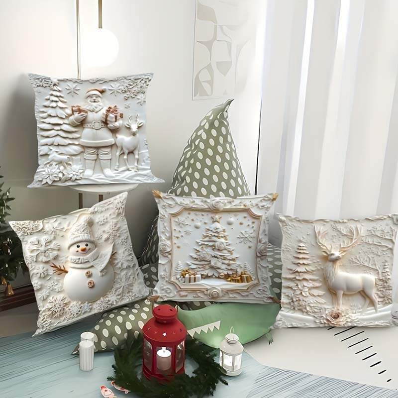 🔥Heißer Verkäufer 50% Rabatt💥🎄 Neue 4-teilige Weihnachts-Kissenbezüge Set – Santa, Schneemann, Tannenbaum & Rentier Motive für Ihre Wohnzimmer-Dekoration