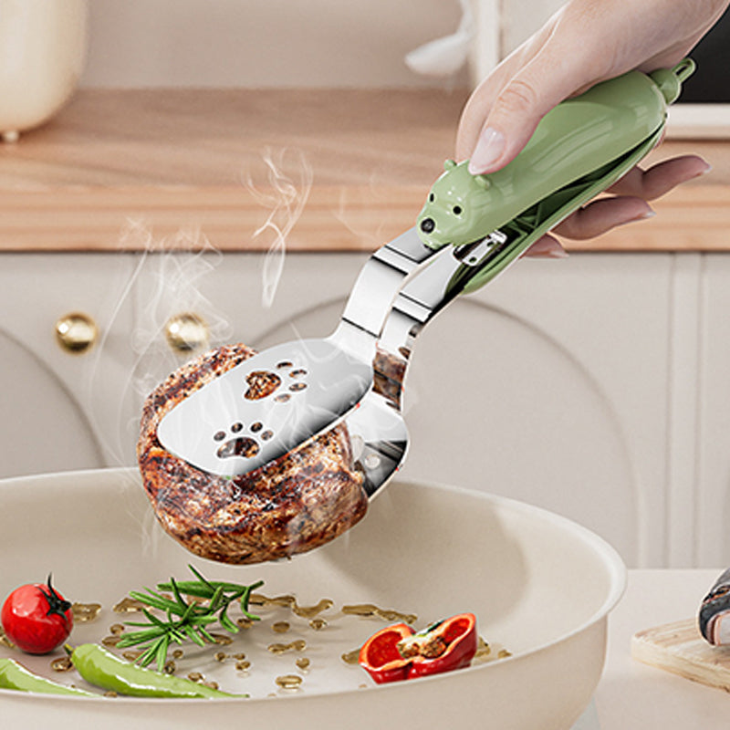 ✨✨2-in-1 Pfannenwender & Zange aus Edelstahl🥦☘️Mit Ölablauf für gesünderes Braten