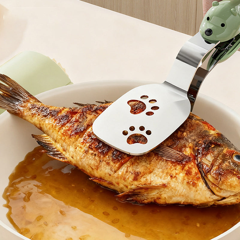 ✨✨2-in-1 Pfannenwender & Zange aus Edelstahl🥦☘️Mit Ölablauf für gesünderes Braten