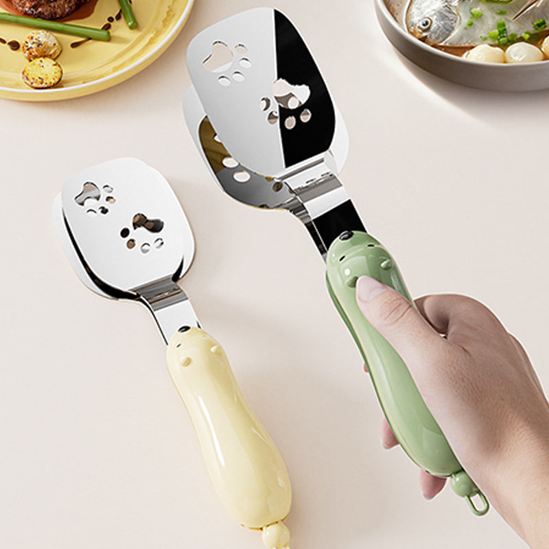 ✨✨2-in-1 Pfannenwender & Zange aus Edelstahl🥦☘️Mit Ölablauf für gesünderes Braten