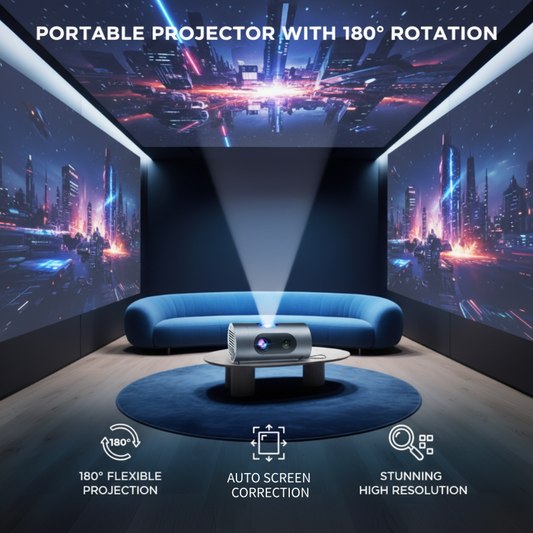 🎬🔄 50% RABATT! Tragbarer Projektor mit 180° Drehung – Kompakt, HDMI/WiFi/Bluetooth, Full HD Support – Perfekt für Filmabende, Camping & Reisen ✨